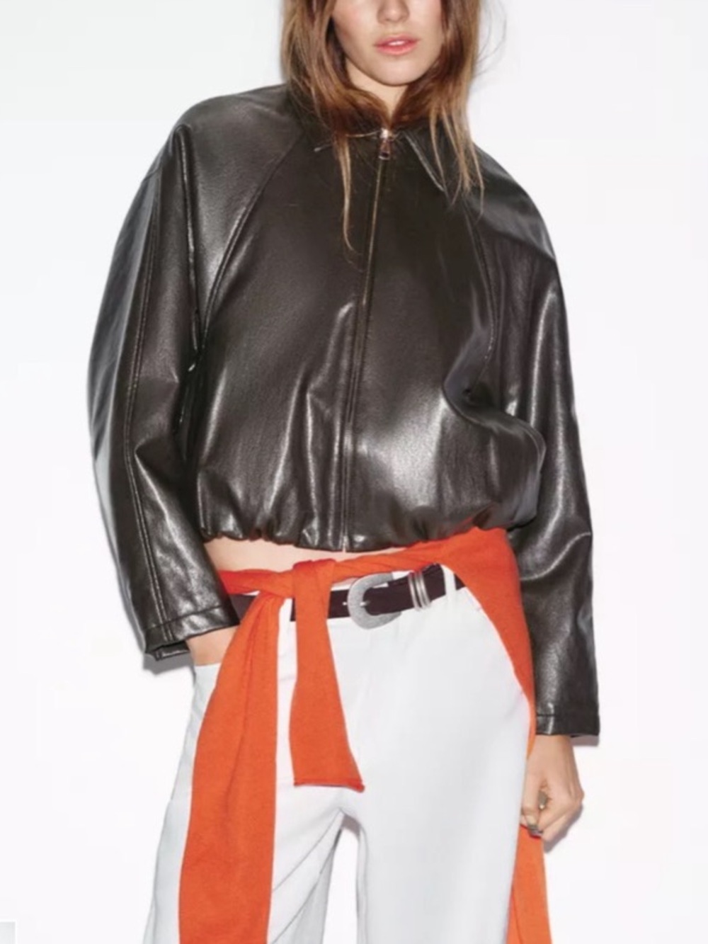 NWT Zara Brown Faux Leather Bomber Jacket Size S